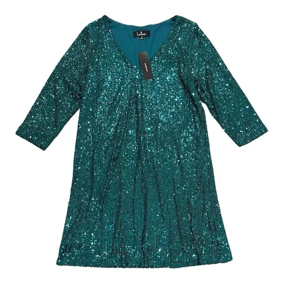 LULU'S Sequined Mini Dress Emerald Green Shift Dress Women's Medium NEW - Picture 3 of 3